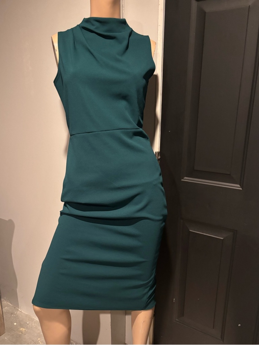 Sleeveless Teal Midi Sheath Dress with Draped High Neck